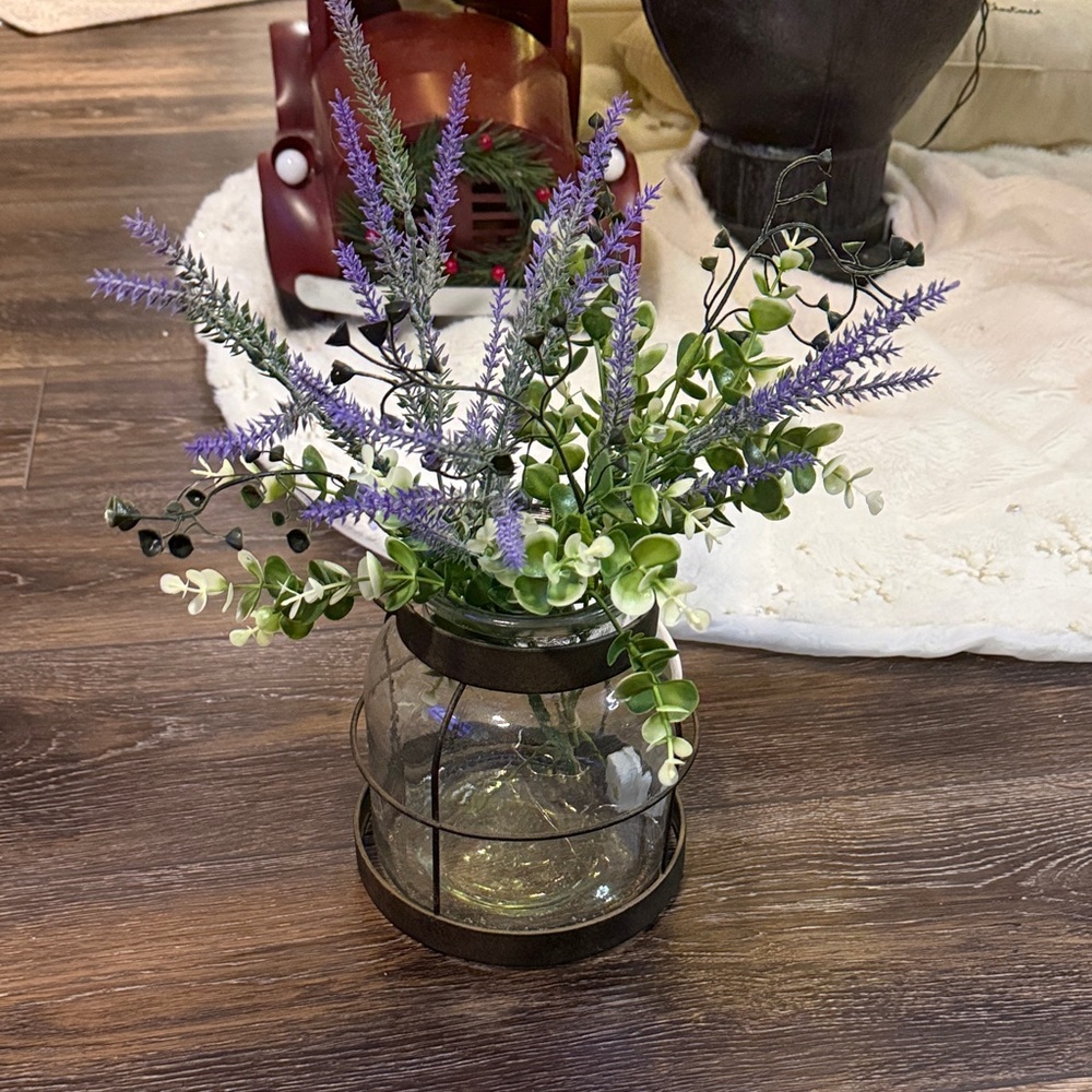 Lavender and Greenery in Glass Vase with lights
